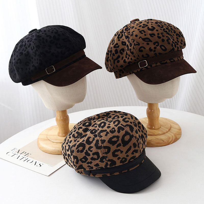 Vintage Fashion Hats - レトロヒョウ柄ワイドブリムベレー帽ヴィンテージペインターキャップ女性のバケットハットソフトトップニュースボーイキャップファッショナブルなアウトドア帽子