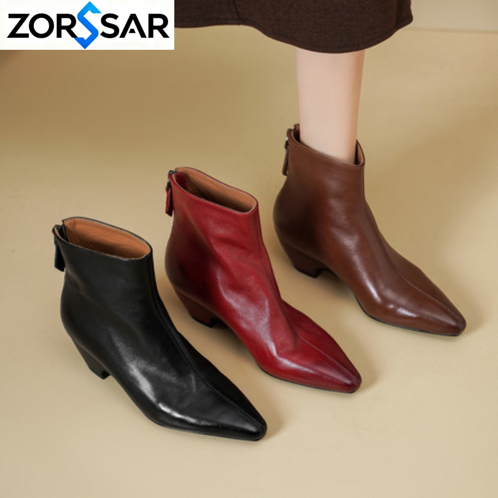 Vintage Fashion Style - ストリートスタイル ヴィンテージ ポインテッドトゥ ジッパー付き レディース アンクルブーツ