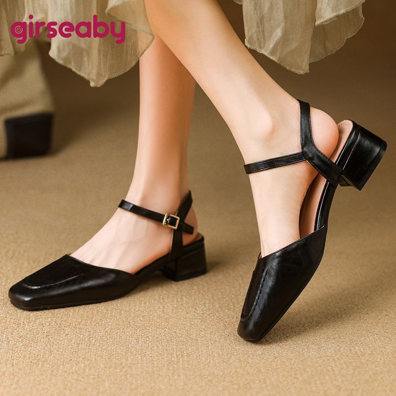 Vintage Fashion Female - Girseaby 2025 女性のサンダルスクエアトゥ太いヒール 3.5 センチメートルバックルストラップヴィンテージデイリー夏の靴プラスサイズ 41