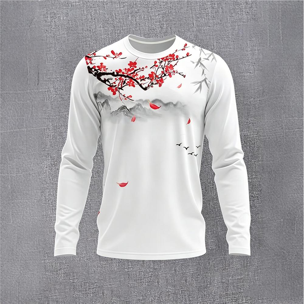 Vintage Fashion Style - 中国風水墨画梅の花長袖 Tシャツメンズヴィンテージ風景プリントカジュアルベースレイヤーシャツファッションストリートウェアトップ