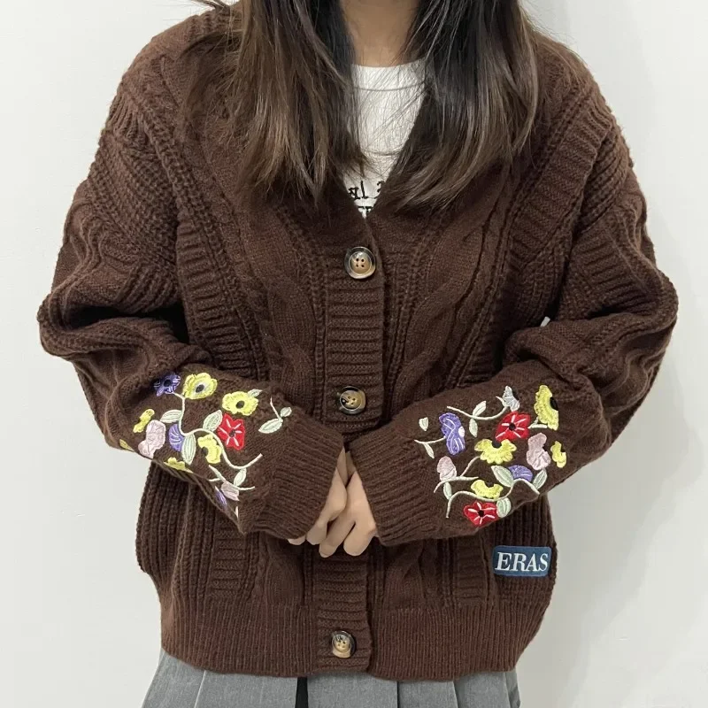 Vintage Fashion Postcards - 時代-女性のニットフラワー刺繍カーディガン、プラスサイズのセーター、ヴィンテージファッショントップス、秋冬、y2k、2022