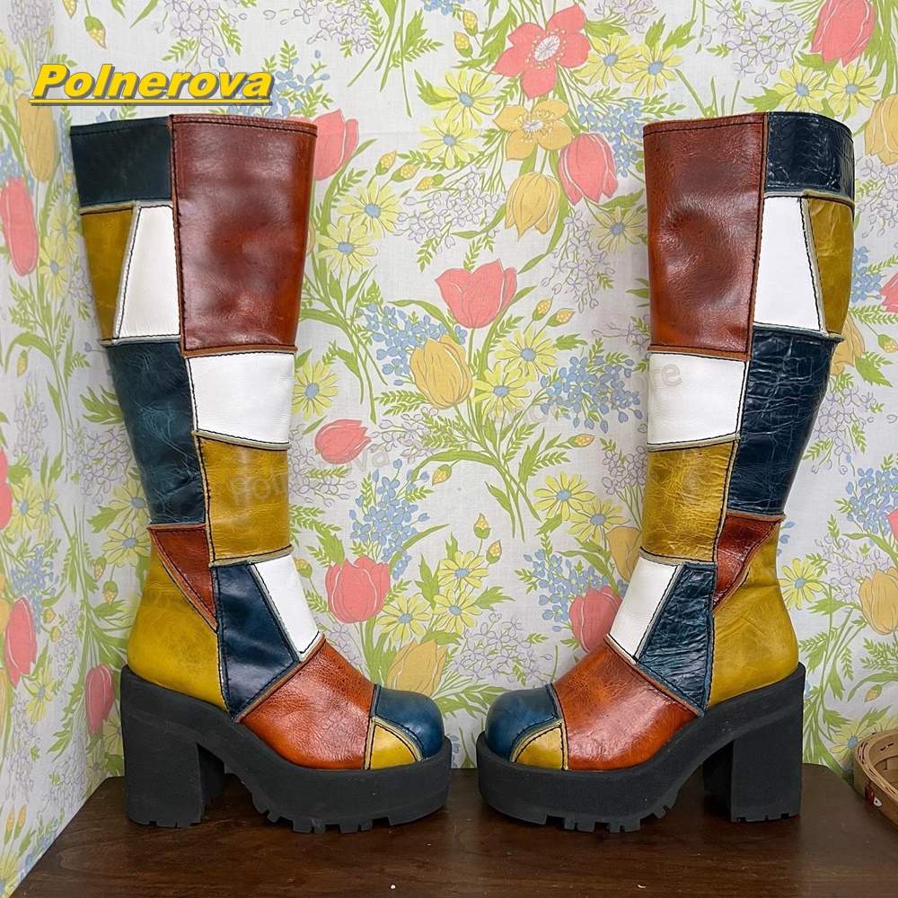 女性レトロパッチワークレザーニーハイブーツカラーブロックチャ - Vintage Fashion In 2026 のレビューと価格