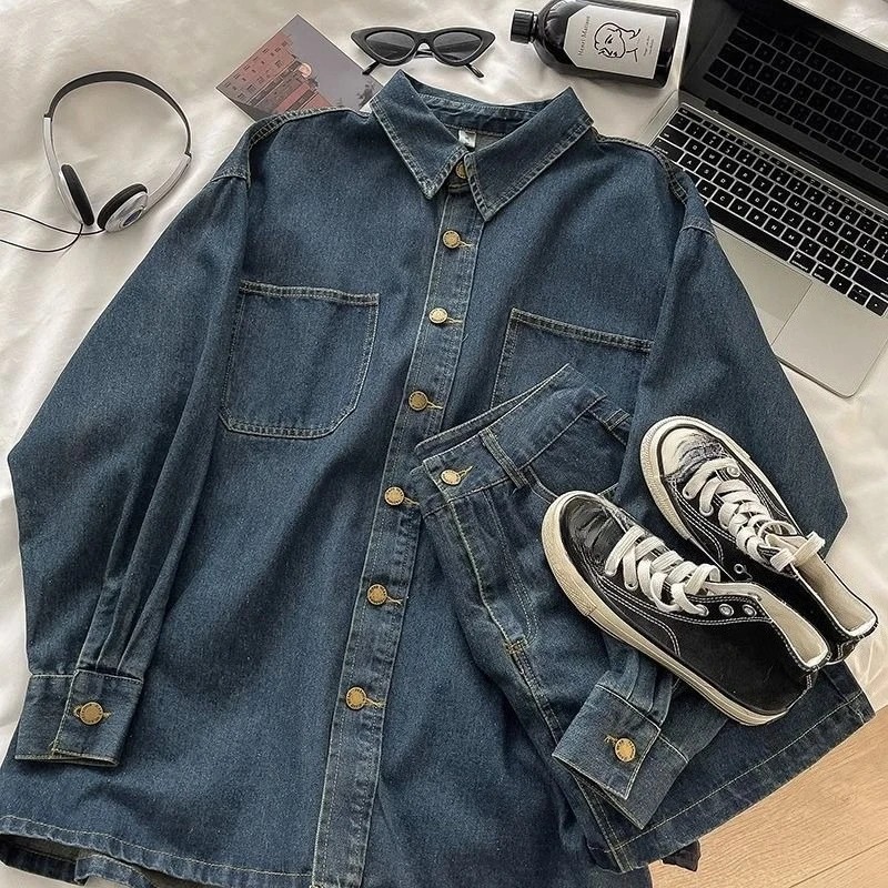 Y2Kデニムスカートセット：ヴィンテージ風和柄ボタンジャケッ - Vintage Fashion Style のレビューと価格