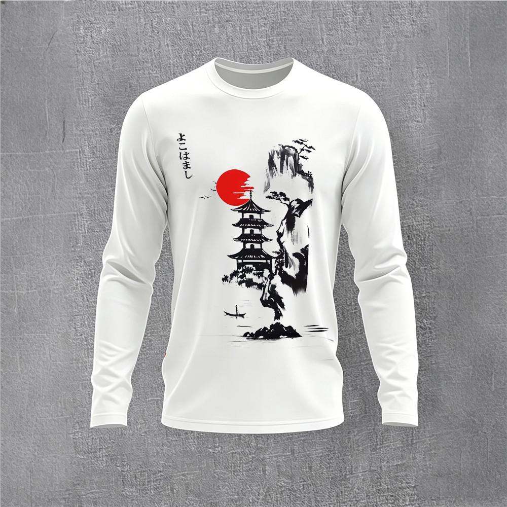 中国風水墨画梅の花長袖 Tシャツメンズヴィンテージ風景プリン - Vintage Fashion Style のレビューと価格